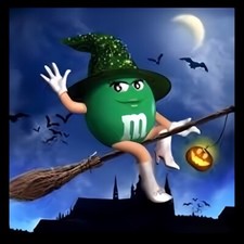 Green M & M Witch Hat Flying Broom Costumes Halloween Bats Spooky Webs MAGNET