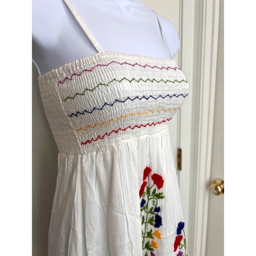 Raga White Spaghetti Strap Smocked Floral Embroidered Boho Summer Dress Sz XS - Picture 4 of 9