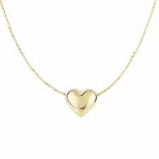 Puffed Mini Heart Charm Cable Chain Pendant Necklace Real 14K Yellow Gold 18"