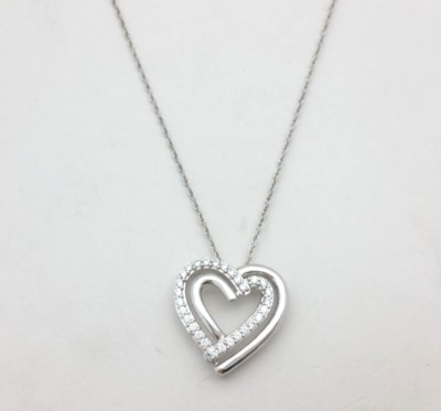 Signed H 925 Sterling Silver Double Heart CZ Pendant 18 Inch