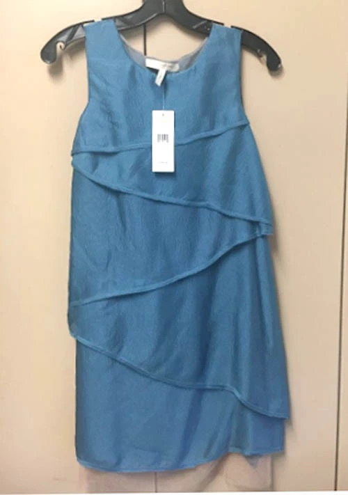 $328 BCBG RUNWAY ABITO A CASCATA DI SETA SENZA MANICHE BLU CENERE SCURO (CELINE) XXS