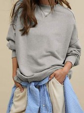 Women's Beige Crew Neck Sweatshirt With Ribbed Cuffs