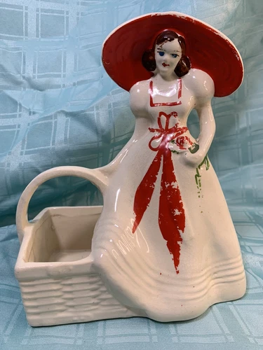 Vintage Brush USA Pottery Brunette Lady/Girl Wearing Large Hat Basket/Planter