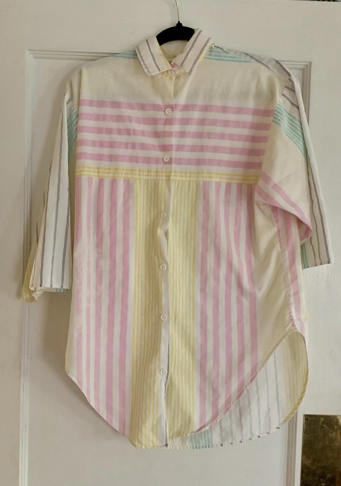 Camisa De Colección Rosa Rayas Cuello En Contraste Talla Grande Años 80 Patchwork Botón Hecha en EE. UU. Foto 2 de 4