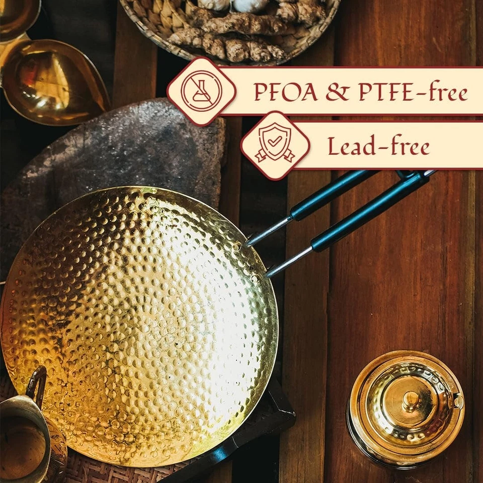 10" Handcrafted Indian Traditional Brass Cookware Pan Roti Tawa With Long Handle - Image 4 of 4