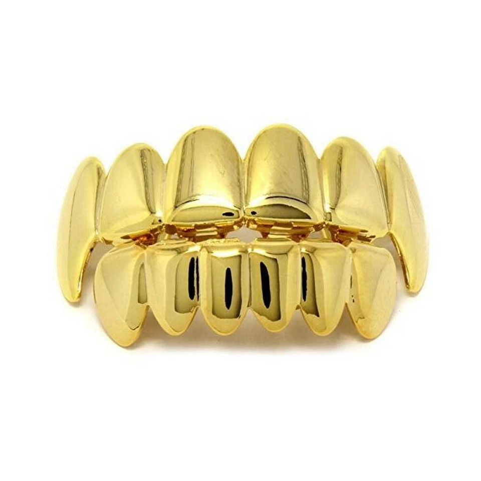 14k Gold Plated Hip Hop Teeth Grillz for Women Men Fangs Top Bottom Set Custom - Image 3 of 4