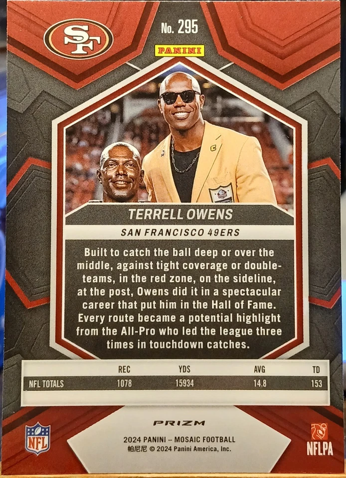 Mosaico Panini Terrell Owens 49ers 2024 rojo brillante Prizm SP combinación de colores #295 patio Foto 2 de 2