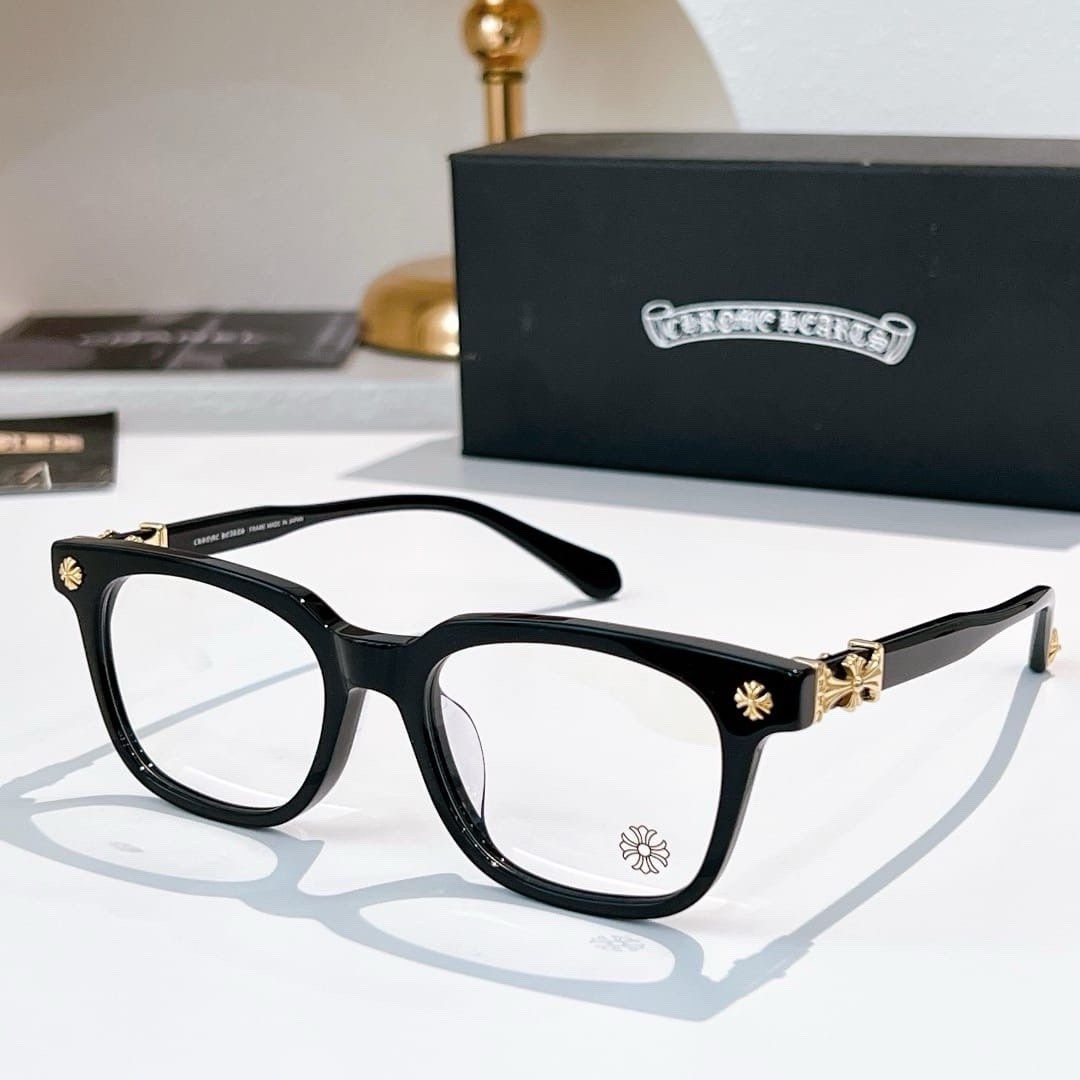 Chrome Hearts Black Square Full Rim Eyeglasses Gold Flower Accent Unisex