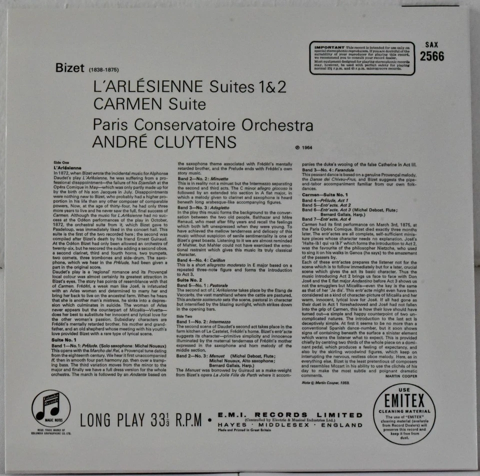 AUDIOPHILE TESTAMENT COLUMBIA SAX 2566 UK BIZET Arlesienne & Carmen CLUYTENS NEW - Image 2 of 3
