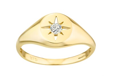 9ct Yellow Gold Oval Signet Ring with Star Set Cubic Zirconia Stone by Citerna