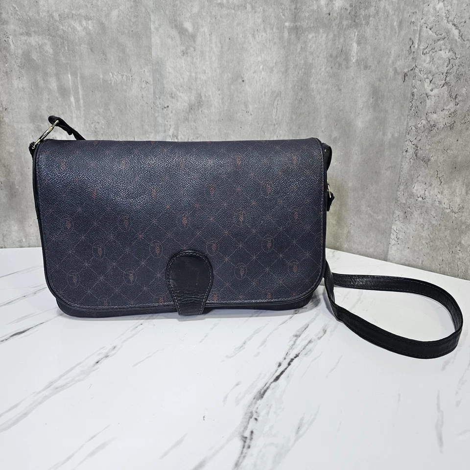 Винтажный Trussardi Италии темно-синий кожаный сумка через плечо красный логотип узор сумочка - Изображение 2 из 4