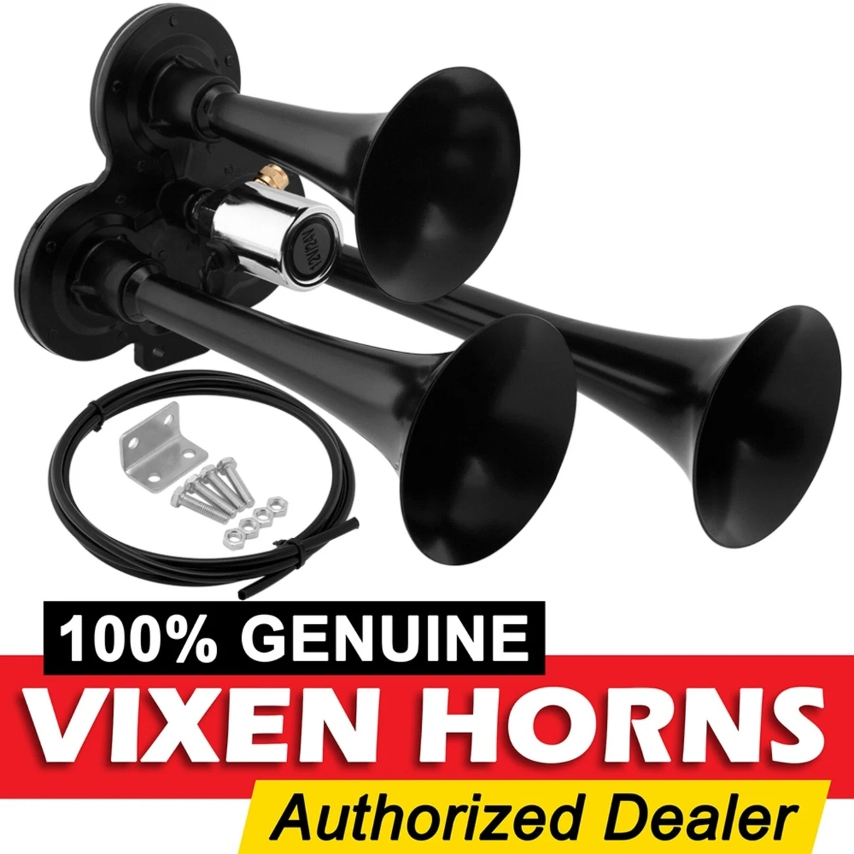 VIXEN HORNS TRAIN AIR HORN 3 TRUMPETS BLACK FOR TRUCK/CAR/SUV LOUD SOUND 12V/24V