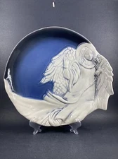 Vintage Flat Earth Pottery Artisan Dimensional Angel Blue Ceramic Plate Signed