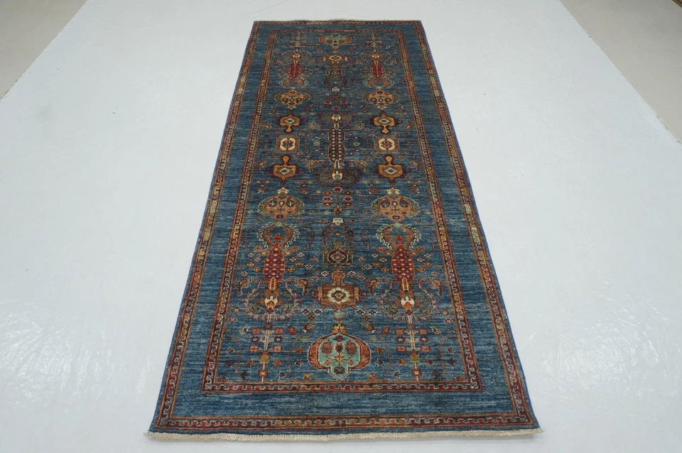 4 x 8 ft Blue Waziri Oriental Afghan Hand knotted Transitional Wide Runner Rug - Image 2 of 4