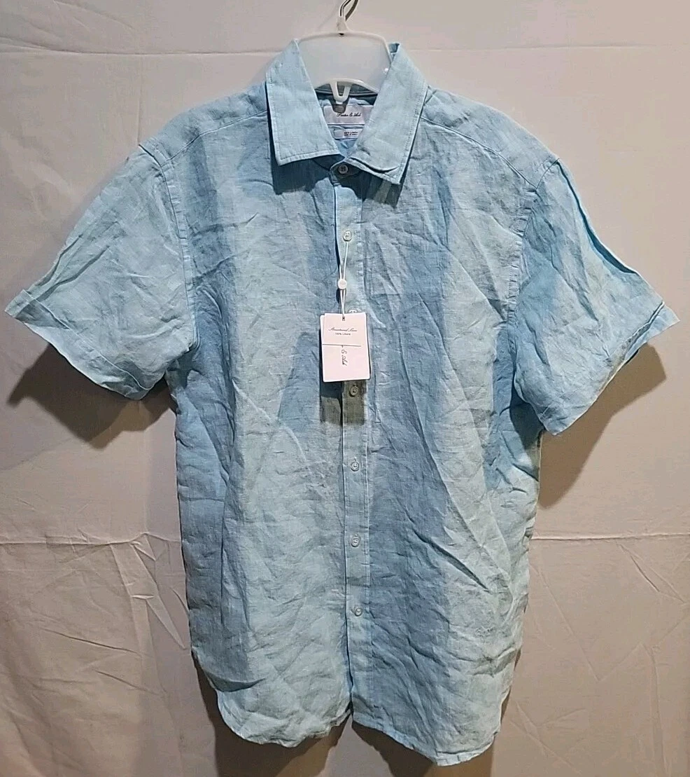 Porter & Ash 100% Linen Shirt Mens Size M Short Sleeve Button Down Blue NWT