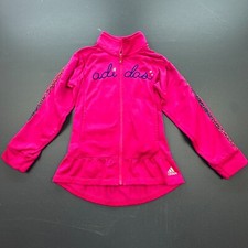 Adidas Girls Jacket 6X Pink Full Zip Ruffle Hem Leopard Trim Activewear Outdoor