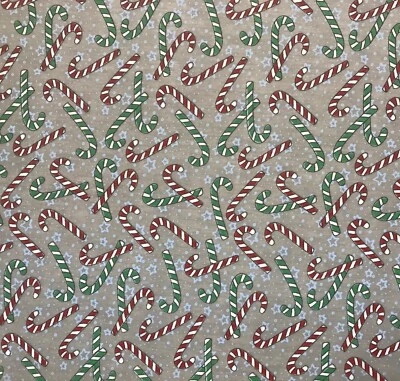 SCATTERED CANDY CANES & STARS GREY CHRISTMAS POLYCOTTON FABRIC PER METRE