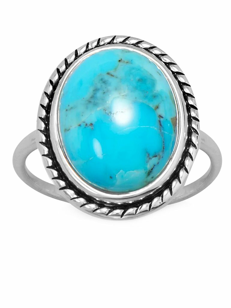 Sterling Silver Reconstituted Turquoise Ring with Rope Design Frame Sterling Silver Reconstituted Turquoise Ring with Rope Design Frame