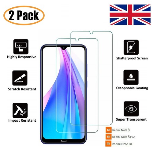 For Xiaomi Redmi Note 8 Pro note 8T Clear Tempered Glass Screen Protector 2 Pack
