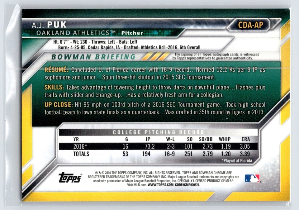 2016 Bowman Draft Chrome Draft Pick Auto AJ Puk #CDA-AP Auto - Image 2 of 2