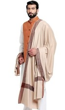 Men's Kashmiri Woven Border Woolen Lohi Shawl Stole Wrap Light Beige 50" X 100"