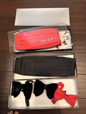 Vintage Adolfo Tuxedo Cummerbund Bow Tie Cufflink Lot Red Black Formalwear