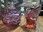 Vintage Fenton Glass Pink Rose Candy Dish With Butterfy Lid & Butterfly Figurine