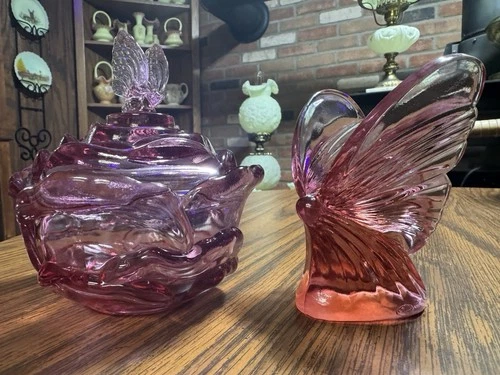 Vintage Fenton Glass Pink Rose Candy Dish With Butterfy Lid & Butterfly Figurine