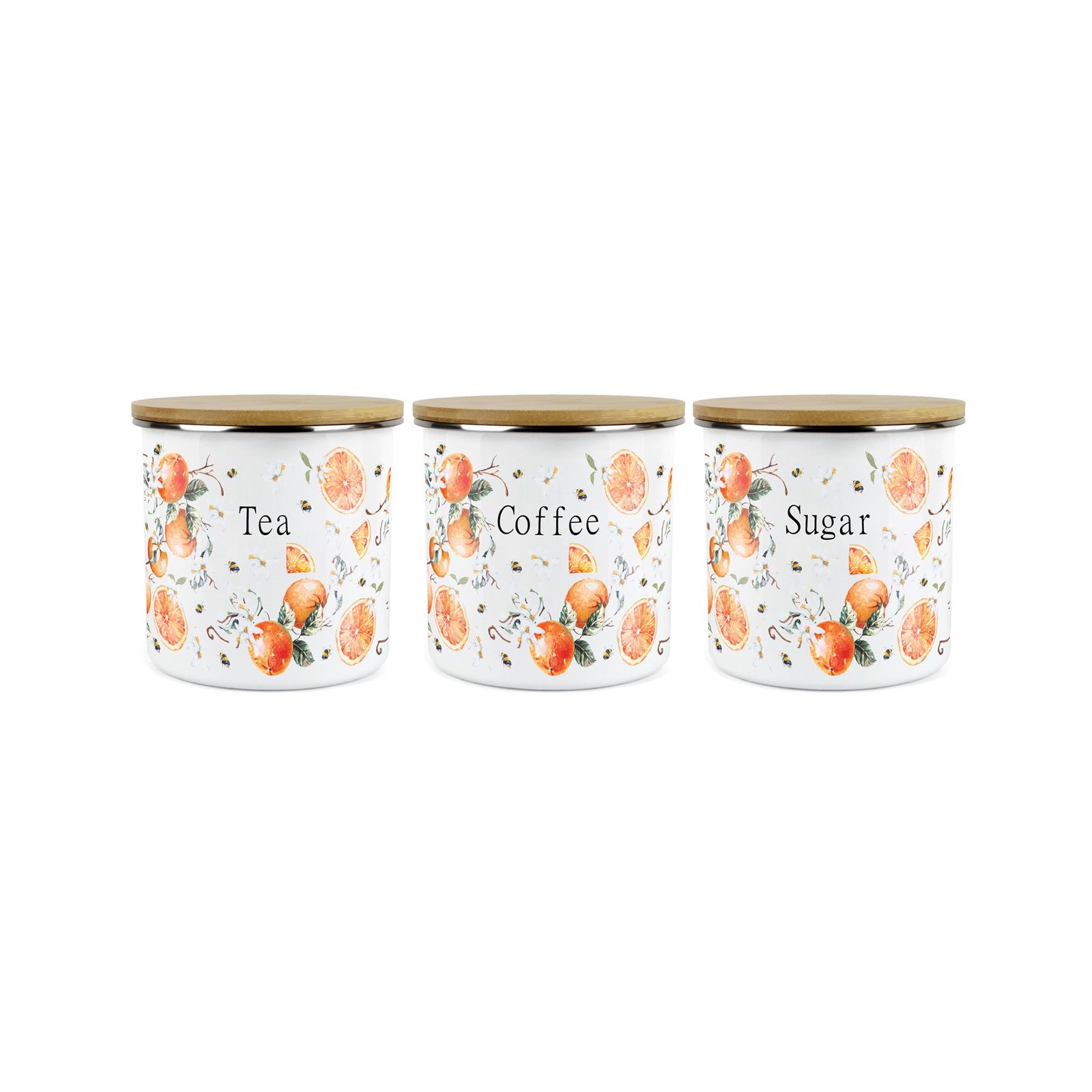 Tangerines Tea, Coffee & Sugar Canister Set - Enamel Kitchen Storage Jars Gift