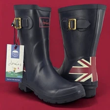 Joules NWT! Rain Boots Mid Calf Molly Welly Union Jack Flag In Navy Blue