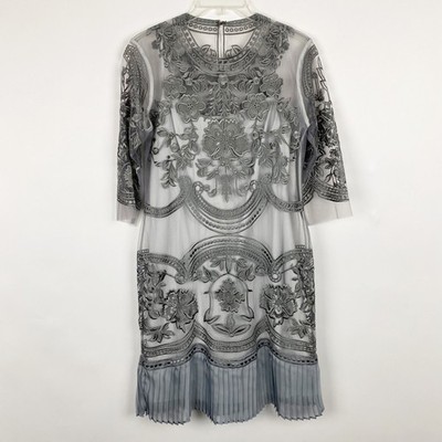 Nexiia Floral Embroidered Mesh Overlay Pleated Hem Midi Dress Womens 8 Gray NWT