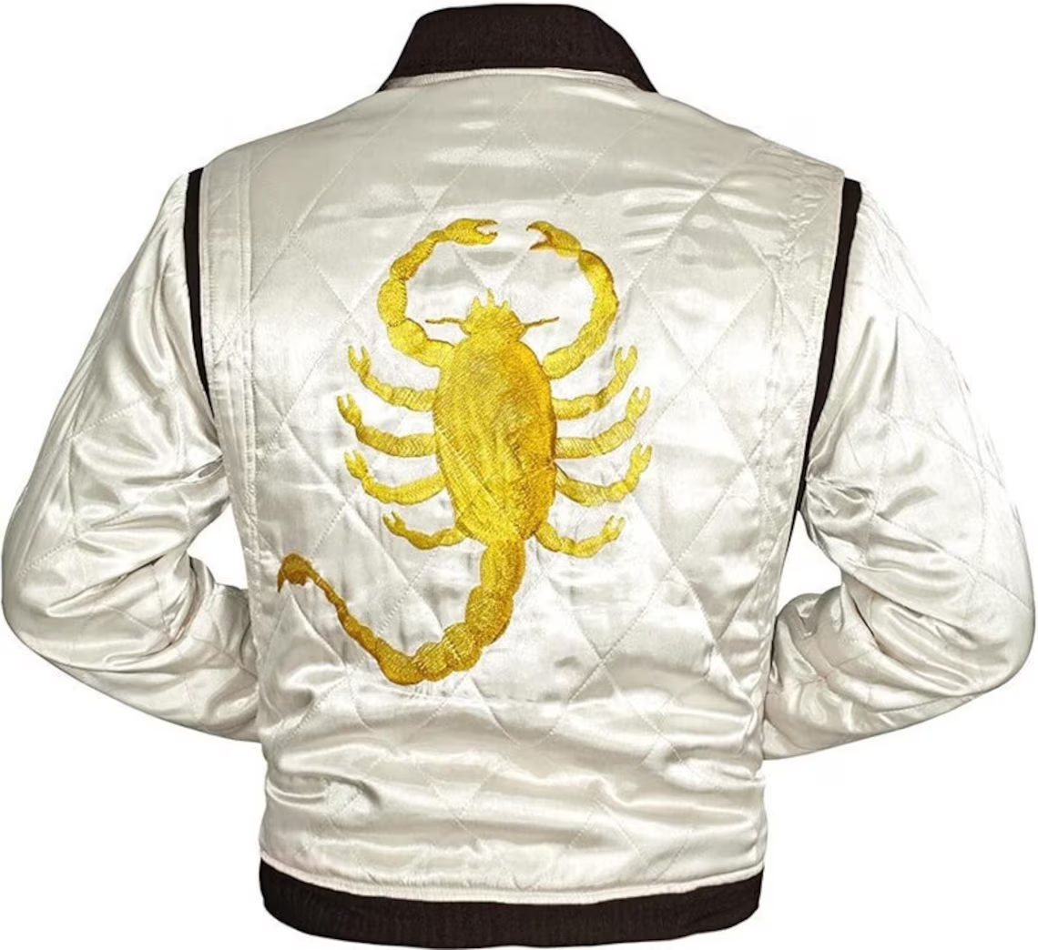 Ryan Gosling Drive Scorpion White Satin Bomber Varsity Sports
