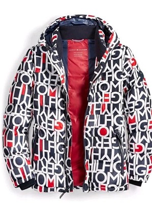 Tommy Hilfiger Size L Navy All Over Logo Print Quilted Puffer Hooded Jacket $225
