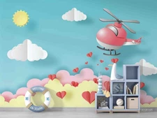 3D Paper Cutout Airplane Sun Clouds Wall Murals Wallpaper Murals Wall Sticker
