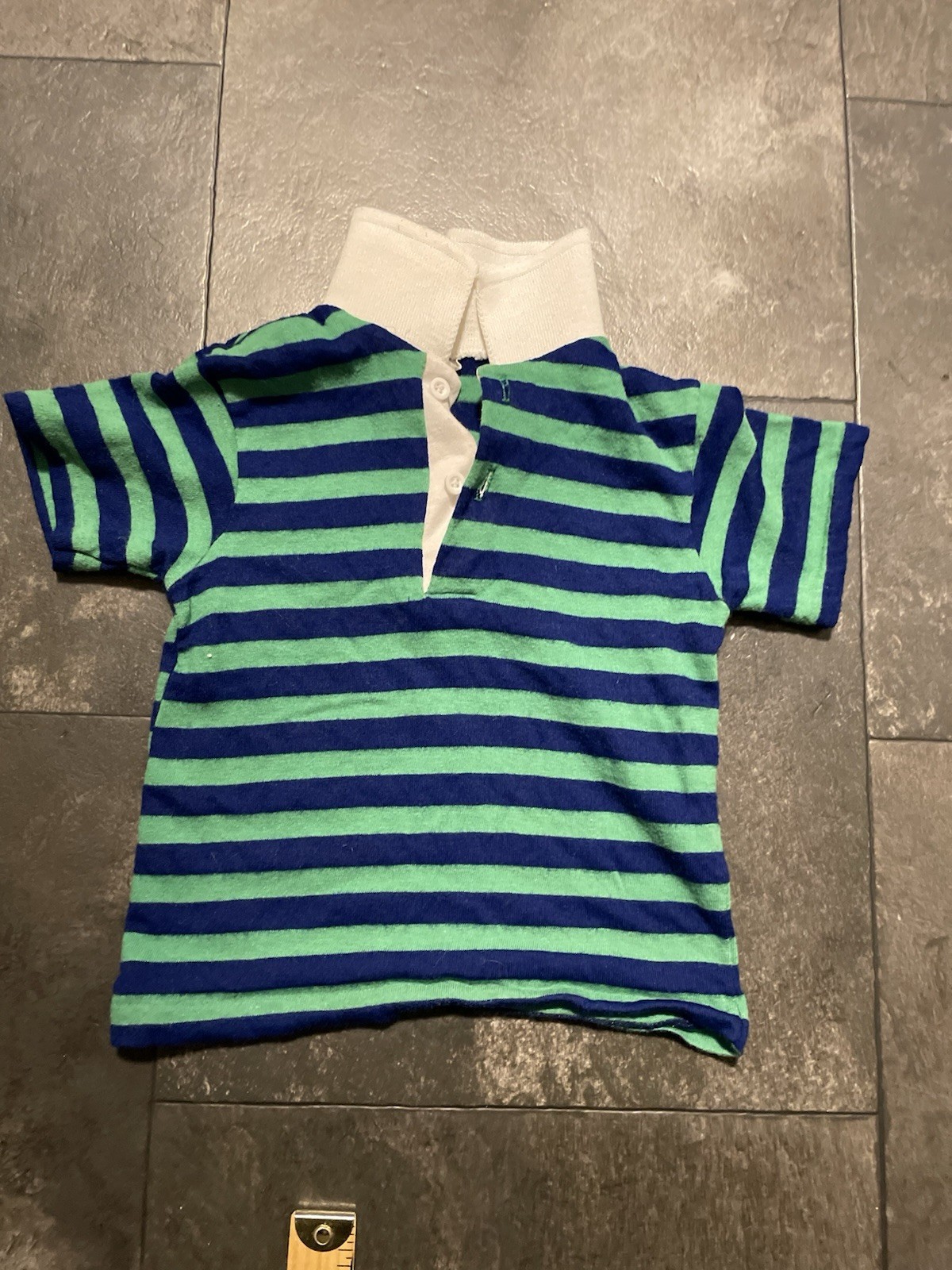 Vintage Sears Boys Collared Shirt Stripes Medium 4/5 Green Blue 1970’s