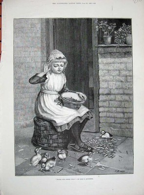 Alter antiker Druck 1890 Mitchell Fine Art kleines Mädchen füttert Enten Bauernhof 19.