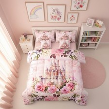 Manfei Girls Princess King Bedding Set 7 Piecescartoon Castle Pink Comforter