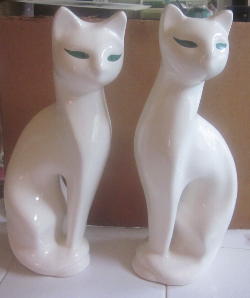 Vintage Mid Century Modern  pair white cats green eyes ceramic statues figurines