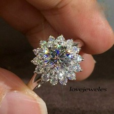 Lab-Created 3CT Round Cut Diamond Cluster Flower Wedding Ring 925 Silver