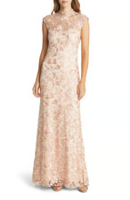 TADASHI SHOJI Peach Blossom Embroidered Lace Mock Neck Sheer Illusion Gown 6 US