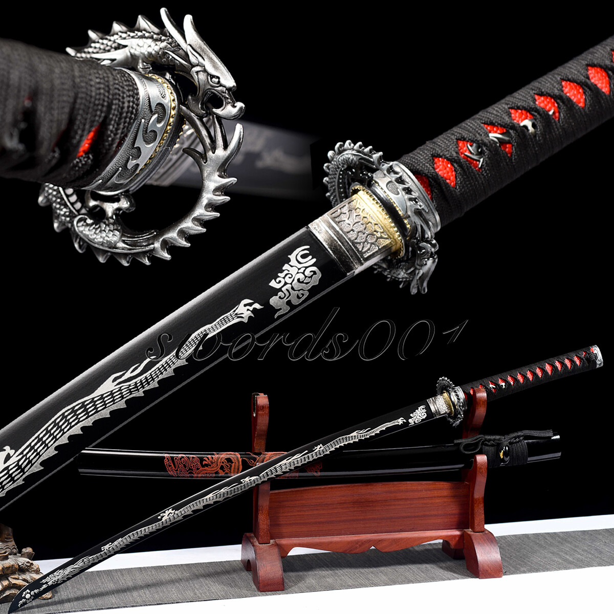Dragon Katana Japanese Samurai Black Sword Carbon Steel Kong Fu