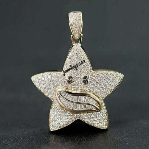 2.21Ct Baguette Simulated Diamond Men's Happy Star Charm Pendant 925 Silver - Picture 3 of 5