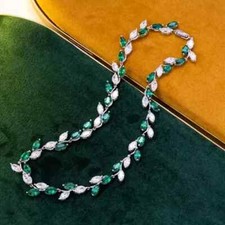 9Ct Marquise Lab Created Emerald 14KWhite Gold Plated Leaf Style Tennis Necklace