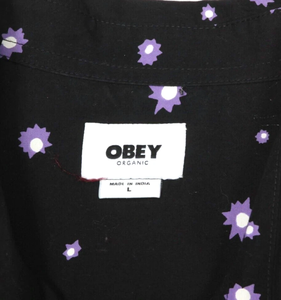 OBEY Mens Black Purple Floral Short Sleeve Organic Cotton Button Shirt sz L /964 - Image 4 of 4