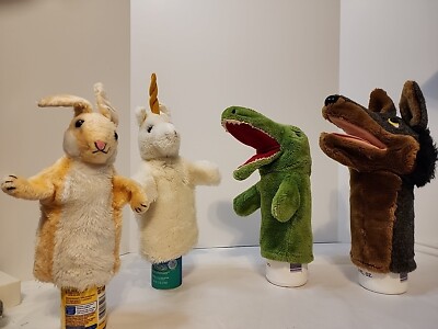 Lot Of 4 Vintage Dakin Hand Puppets Plush Big Bad Wolf Crocodile Rabbit Unicorn