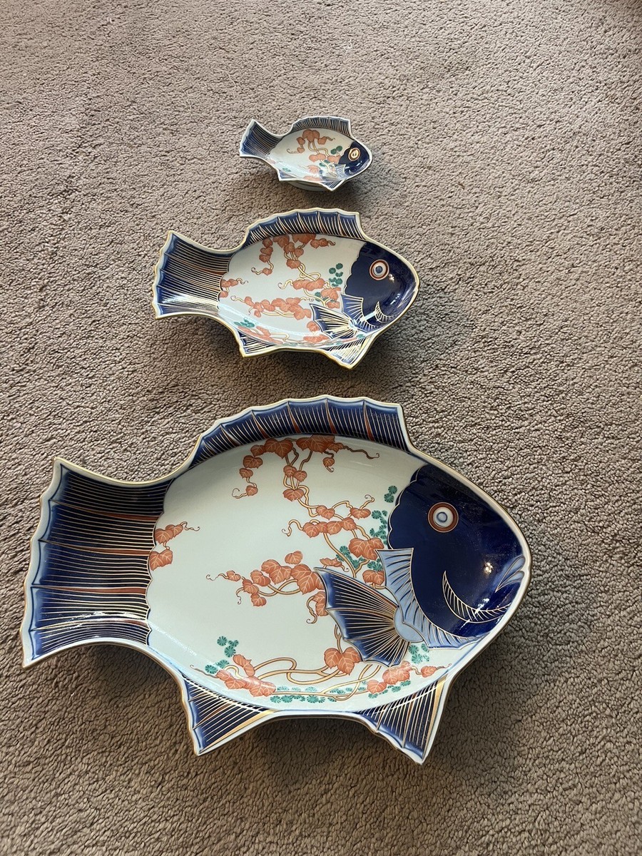 3 Antique Japanese 19th Century Meiji Red/Blue Imari Vintage Fish