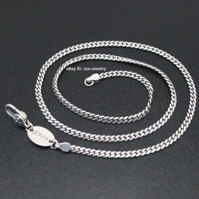 Real 925 Sterling Silver 3mm Curb Link Chain Men's Necklace 19.7inch Vajra Clasp