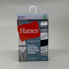 HANES 3 PK Women's Breathable Cotton Stretch Thongs Underwear Sz 8/XL Black