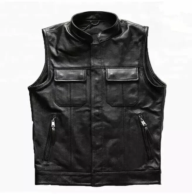 Men's Real Genuine Leather Vest Waistcoat Men's Black Motorcycle Leather Vest