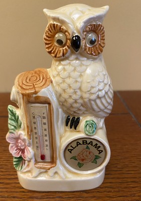 Vintage Alabama Souvenir Ceramic Owl Figurine Thermometer 80s Googly Eyes